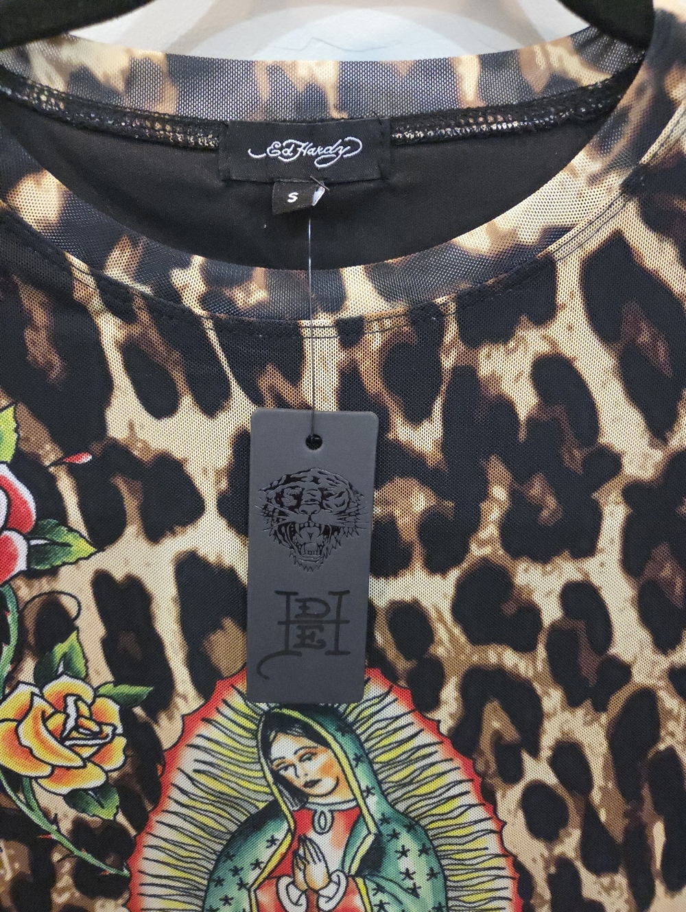 Ed Hardy Dolls Kill Sz Small Leopard Mesh Bodycon Mini Dress Virgin Mary Graphic - Picture 3 of 12